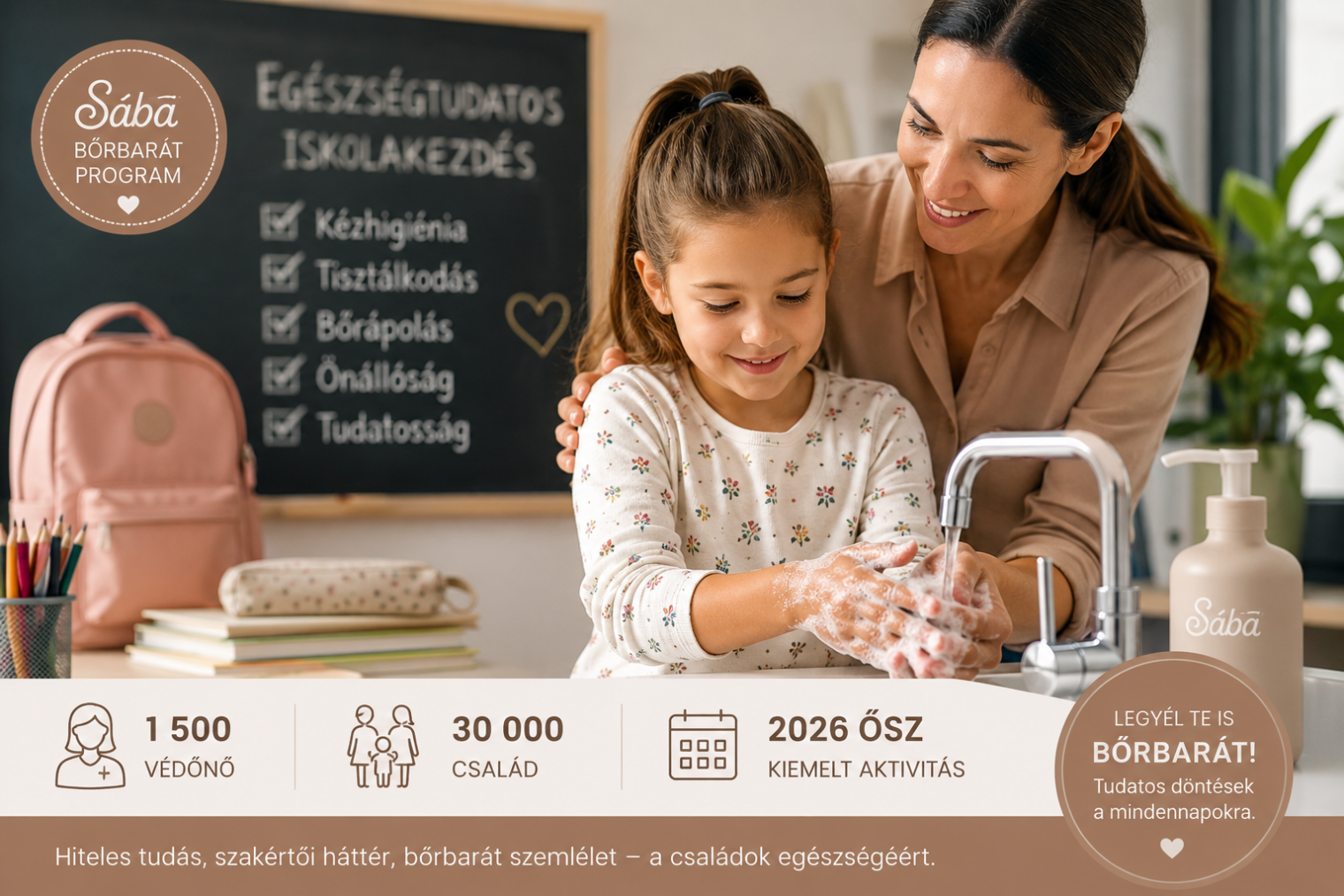 Anya és kislánya kézmosás közben – egészségtudatos iskolakezdés, Sába Bőrbarát Program